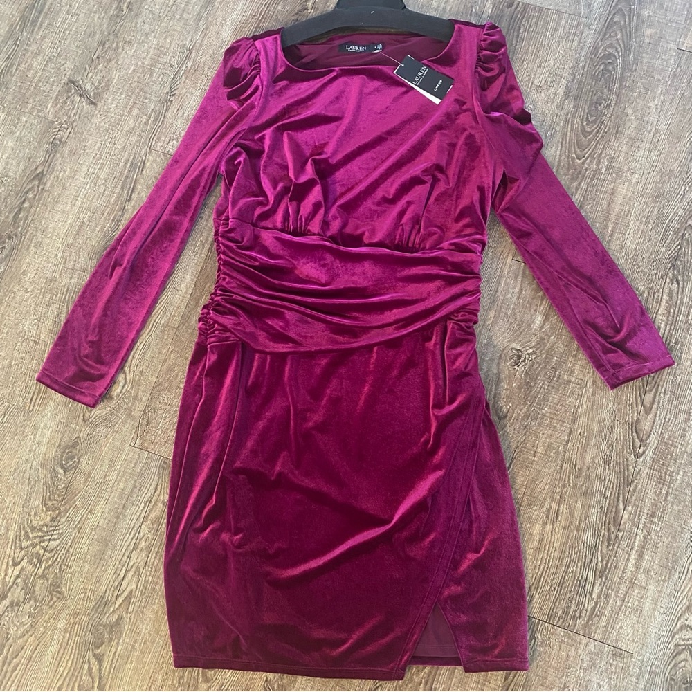 Lauren Ralph Lauren Dress Women 16 Purple Velvet Ruched Puff Sleeve Cocktail NEW